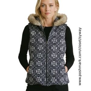Talbots Petites Fair Isle Knit Vest Faux Fur Hood Pockets